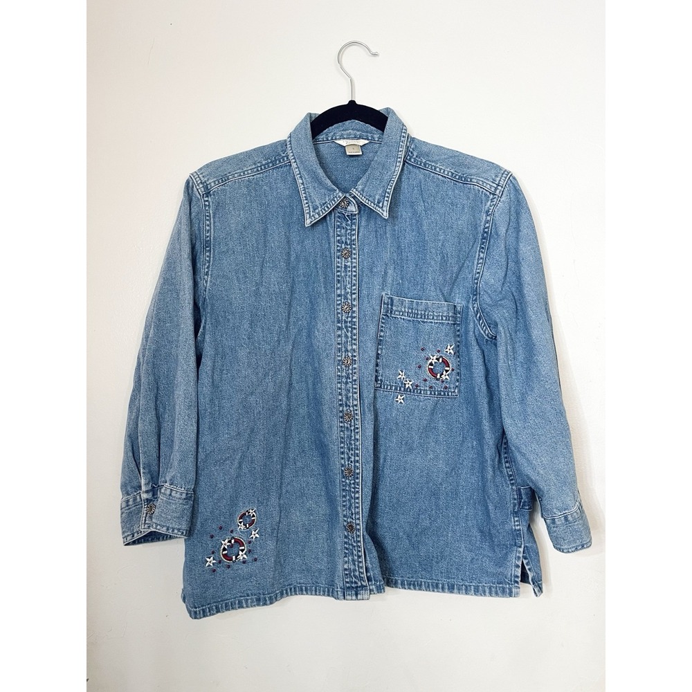 Vintage Christopher & Banks Embroidered Denim‎ Shirt Jacket Size Large
